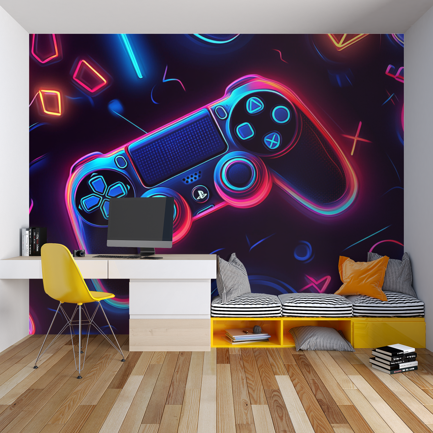 Gaming room transformed with neon controller mural wallpaper and ambient lighting