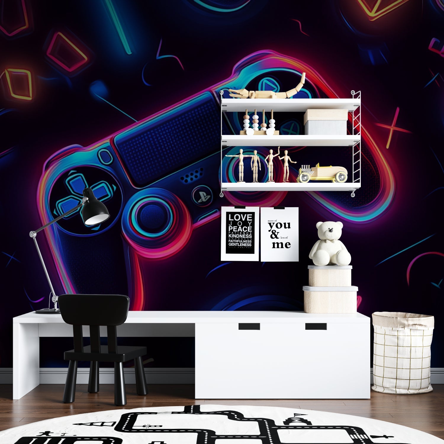 Modern gaming setup complemented by glowing controller wall mural