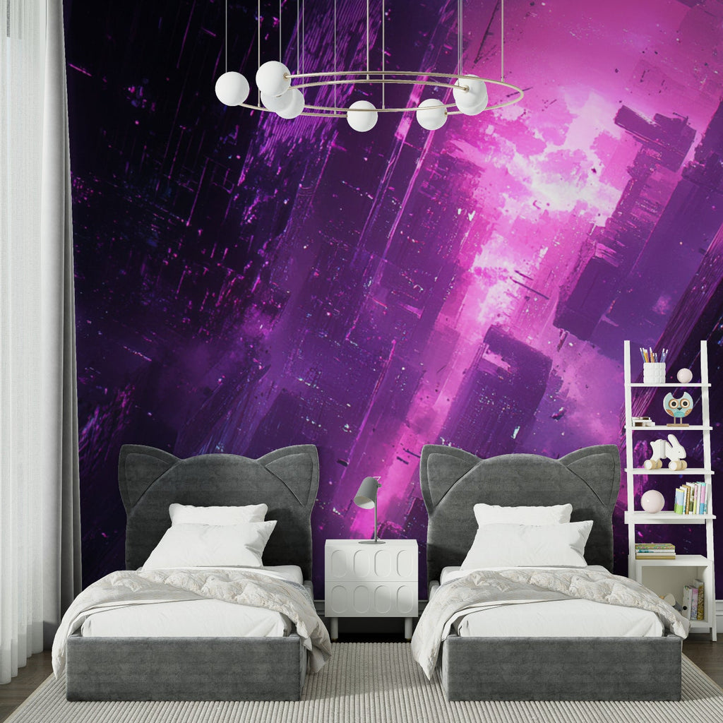 Gaming room setup with purple Cyberpunk city wallpaper, showing gaming desk and LED lighting