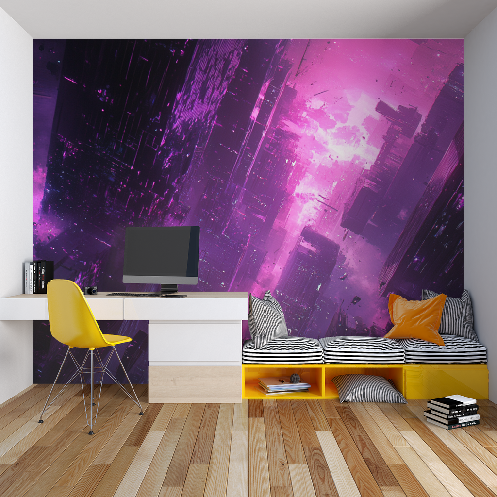Teen bedroom with neon purple gaming wallpaper creating immersive atmosphere