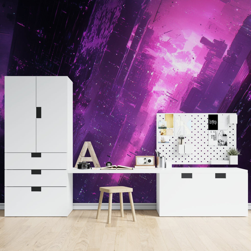 Modern office space featuring Cyberpunk city wallpaper with purple neon accents