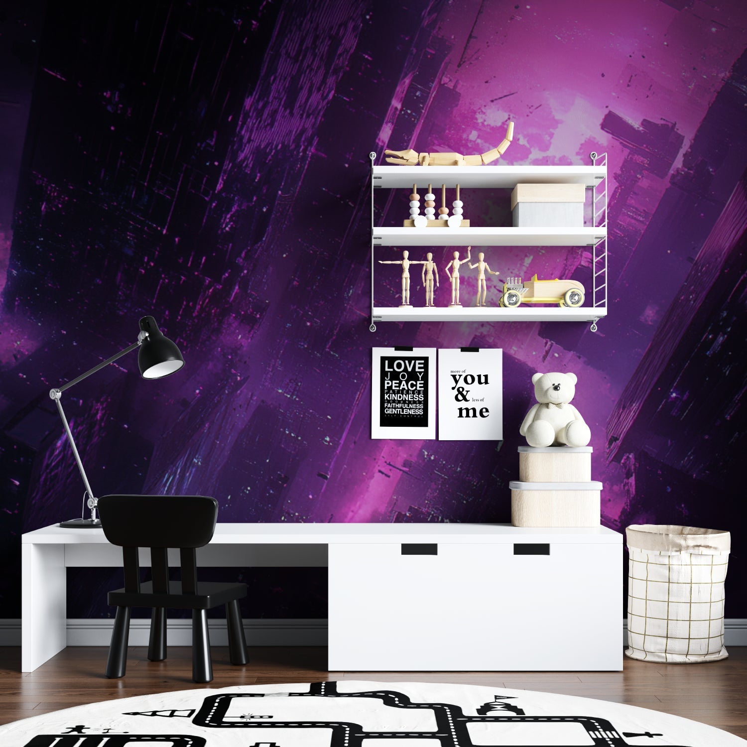 Gaming setup room with purple Cyberpunk wallpaper showing evening lighting effects
