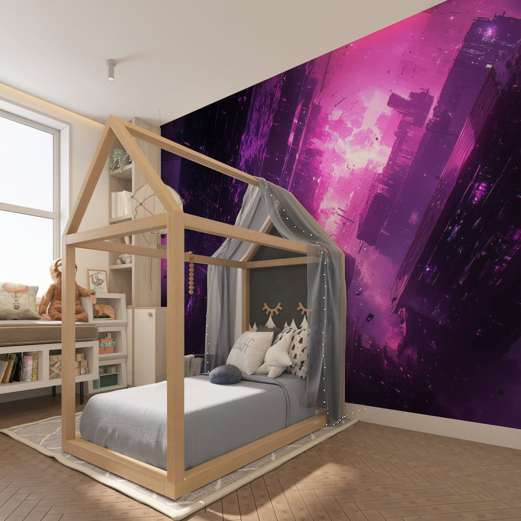 Entertainment room showing full wall Cyberpunk city mural in purple neon tones