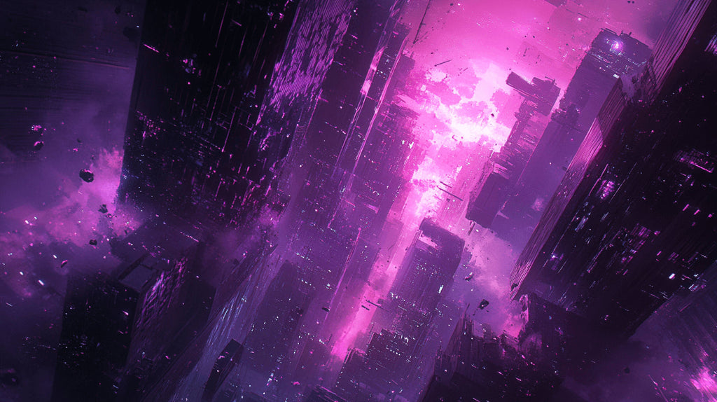 Design file of Cyberpunk city wallpaper showing detailed neon purple cityscapes and digital effects