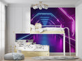 Gaming room setup with neon tunnel wallpaper creating depth behind gaming desk and monitors