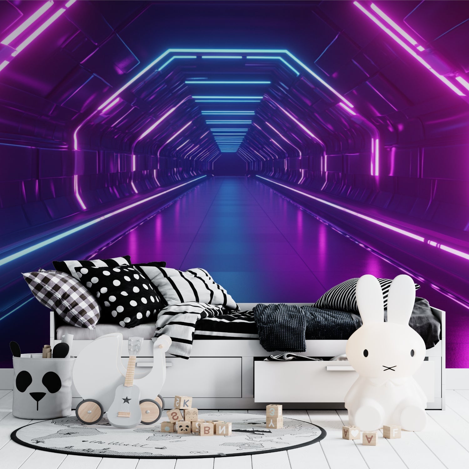 Teen bedroom with purple and blue neon tunnel wallpaper glowing under LED lights
