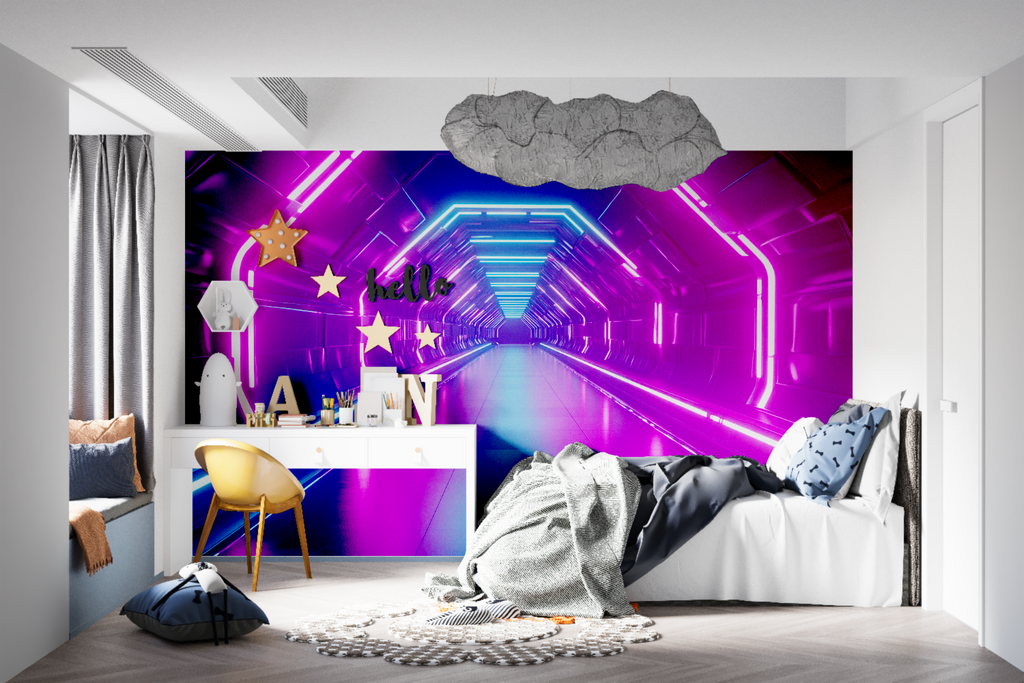 Modern living room featuring gaming tunnel mural wallpaper with dramatic lighting