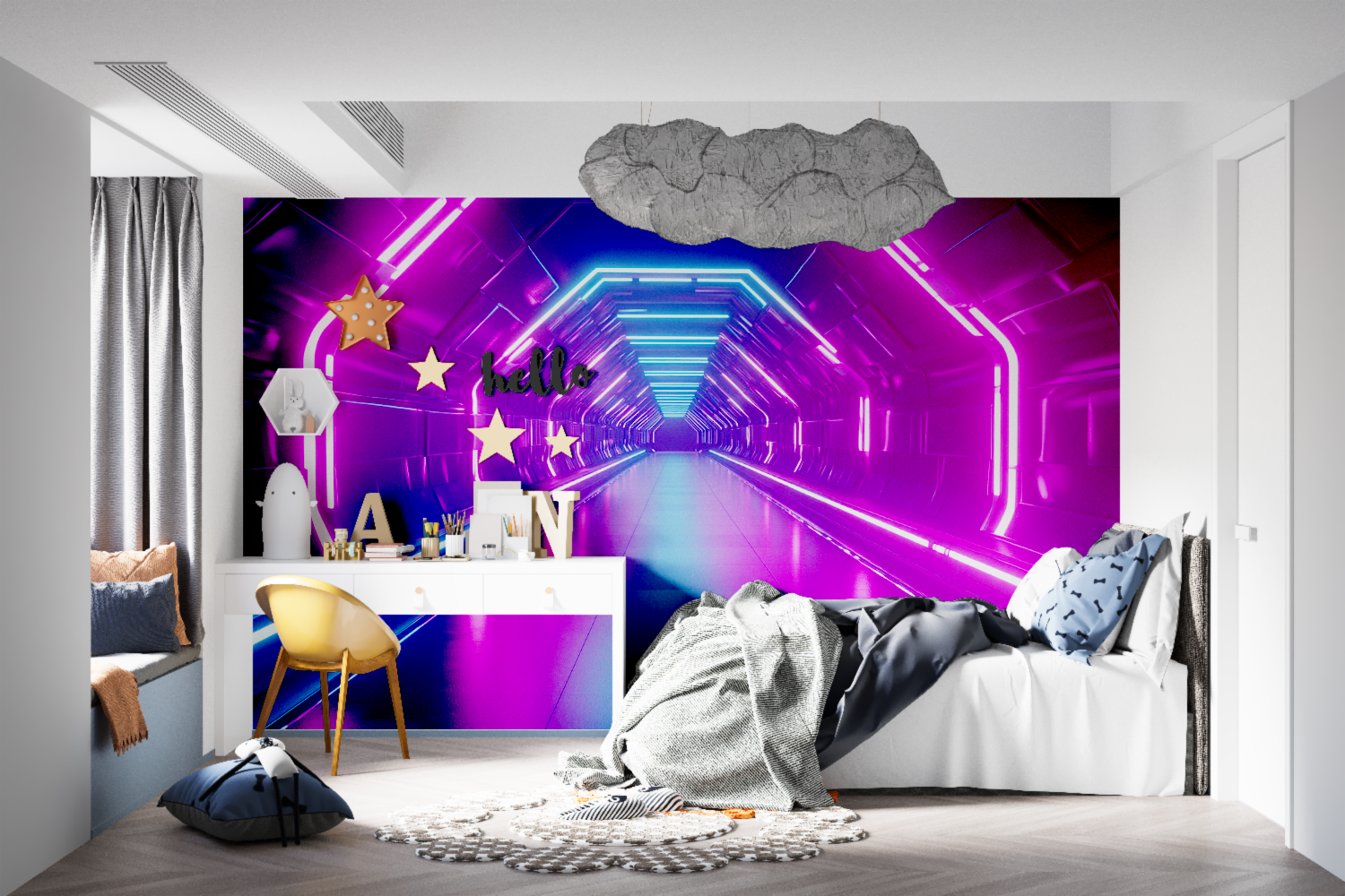 Modern living room featuring gaming tunnel mural wallpaper with dramatic lighting