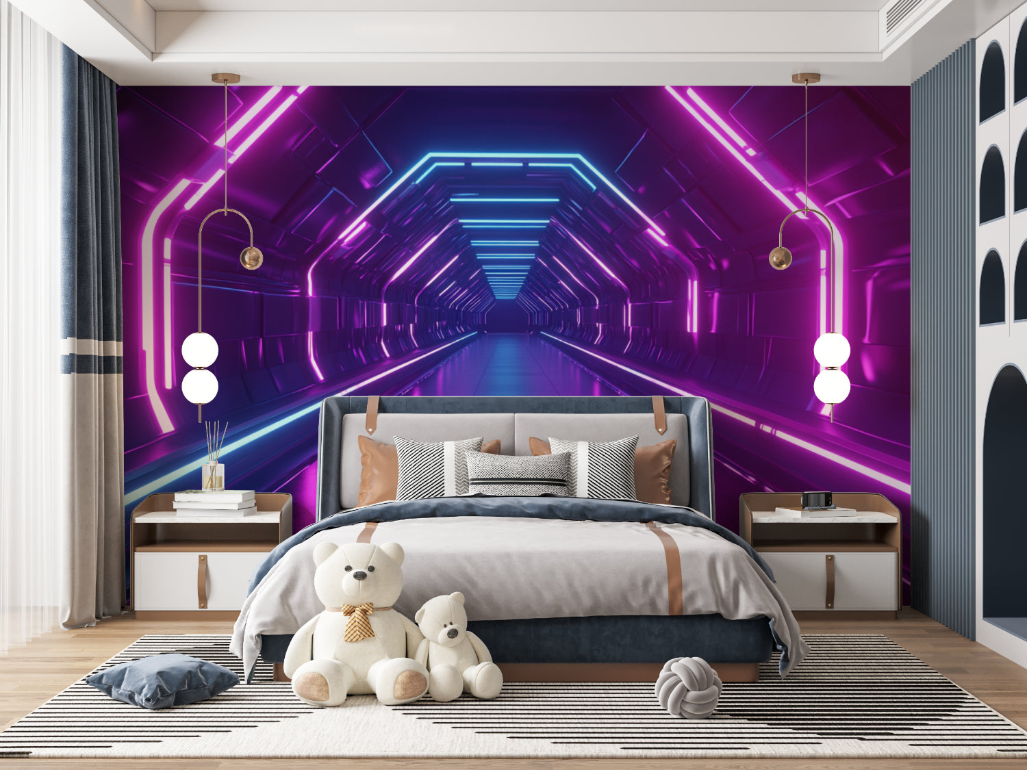 Entertainment room with neon gaming wallpaper creating immersive atmosphere