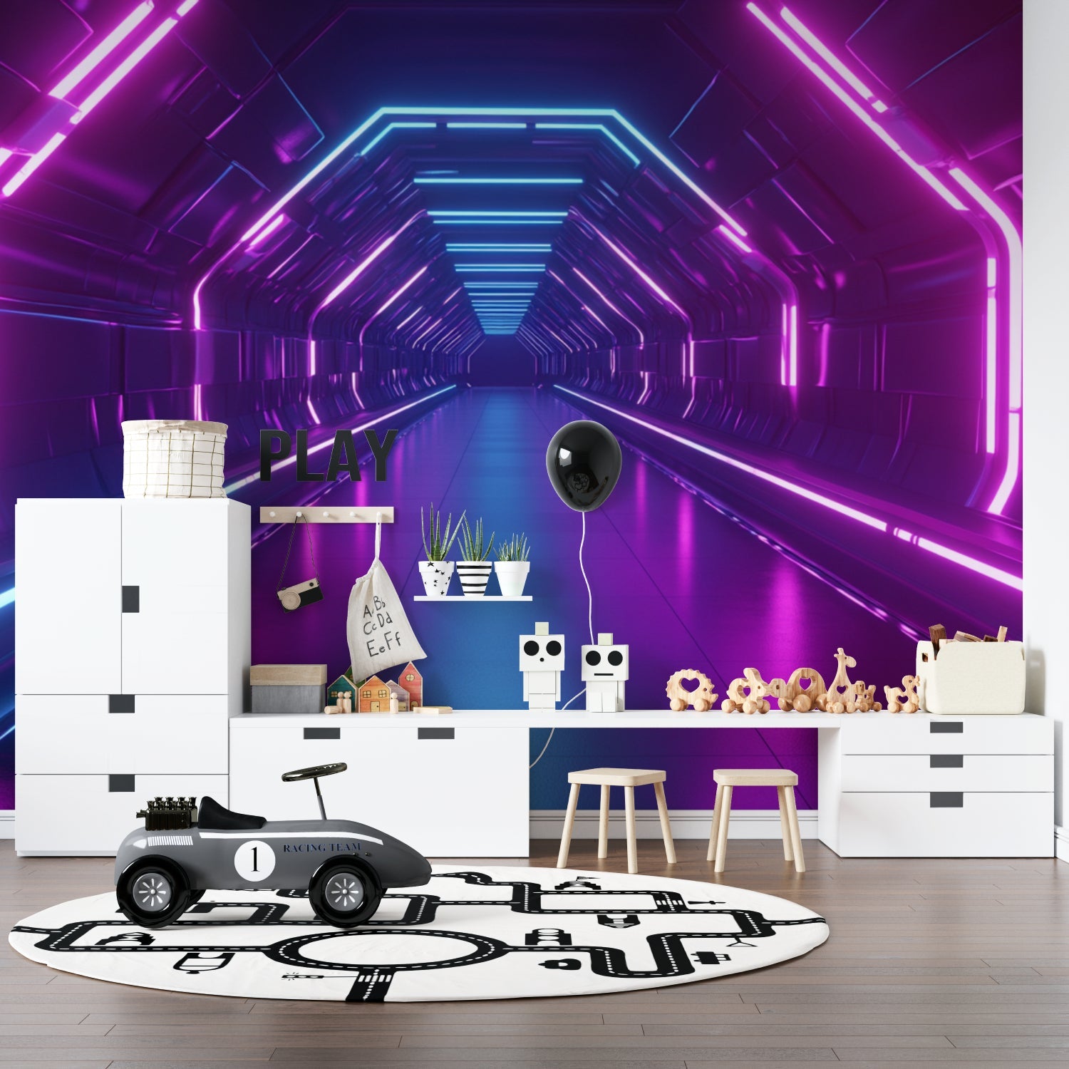 Home office gaming setup with purple and blue neon tunnel wallpaper