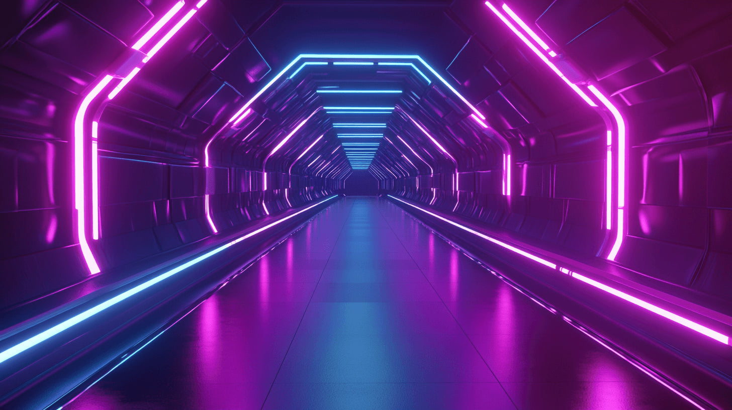 Neon tunnel gaming wallpaper design file showing vibrant purple and blue light effects