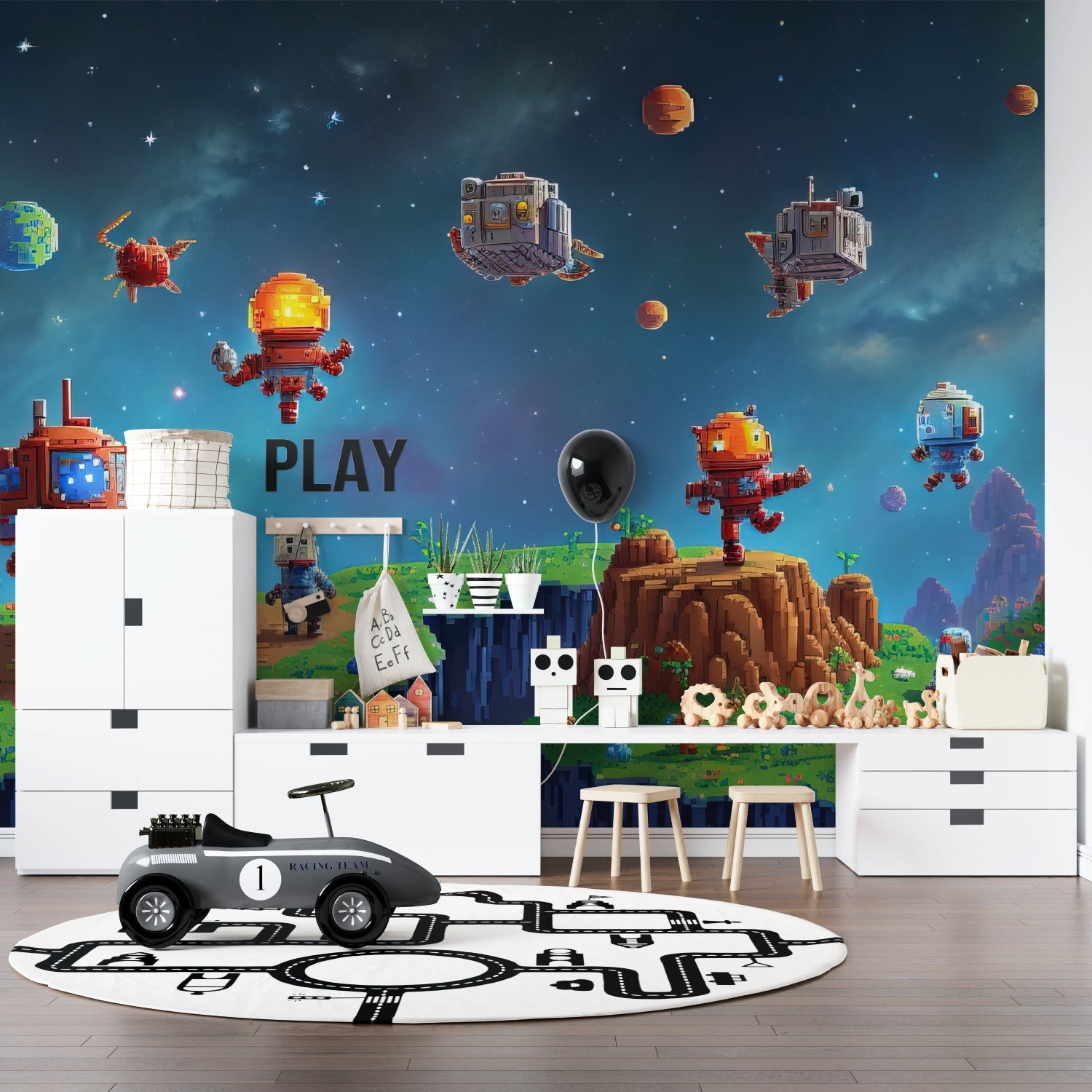 Gaming wallpaper mural in modern teen bedroom showing pixel art space design with retro robots