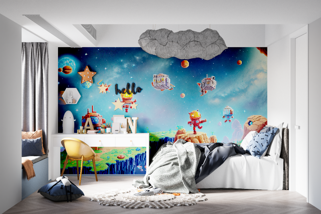 Pixel art gaming mural creating atmosphere in family game room with console setup