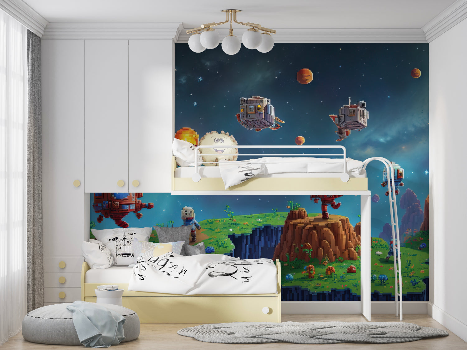 Space gaming wallpaper bringing color to kids playroom with gaming theme