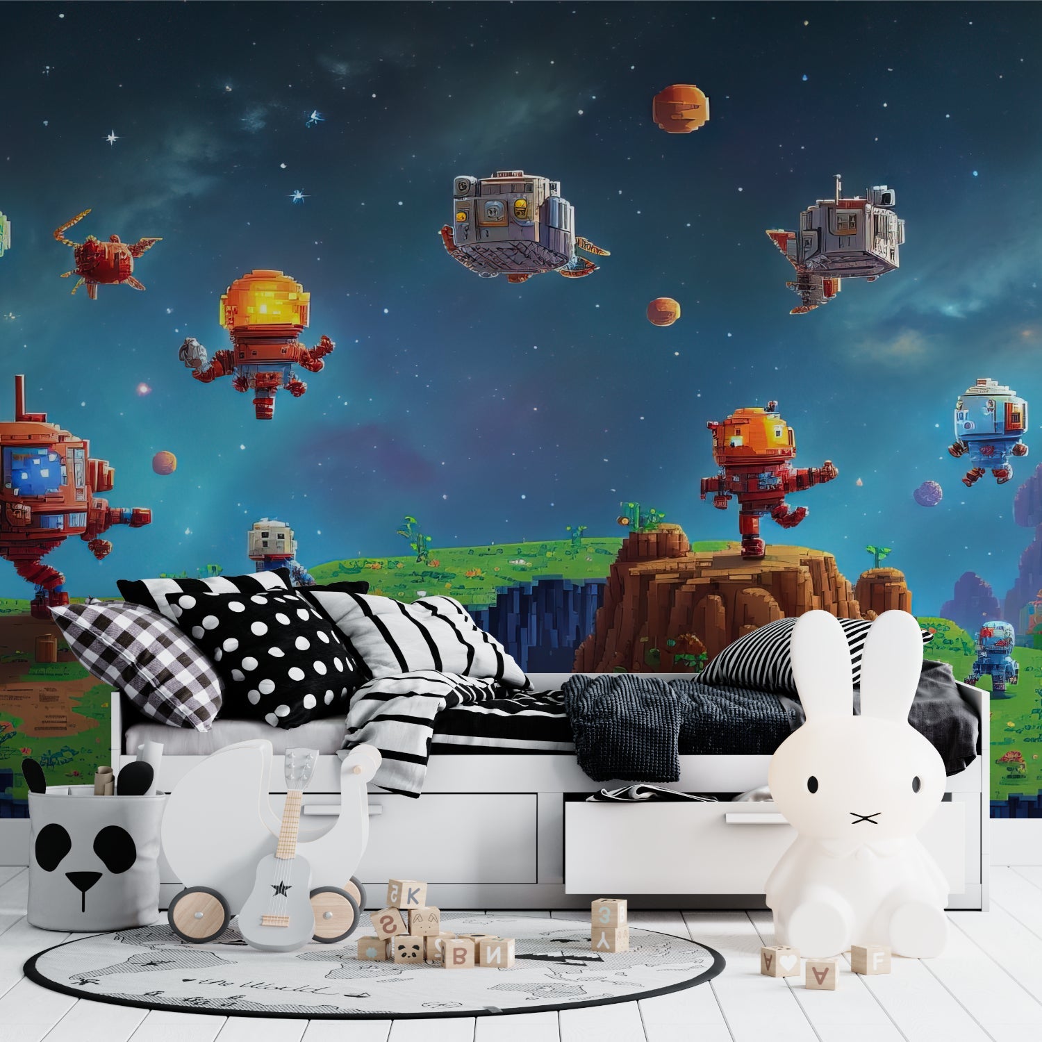 Retro pixel art mural installed in modern gaming cafe showing space theme