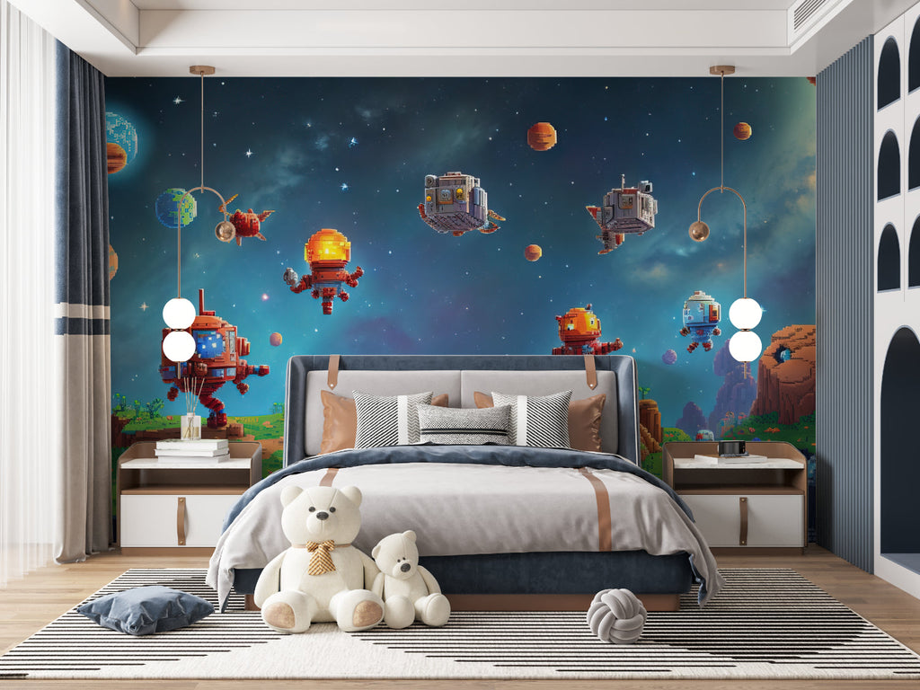 Gaming wallpaper with pixel art design featured in YouTube gaming studio setup