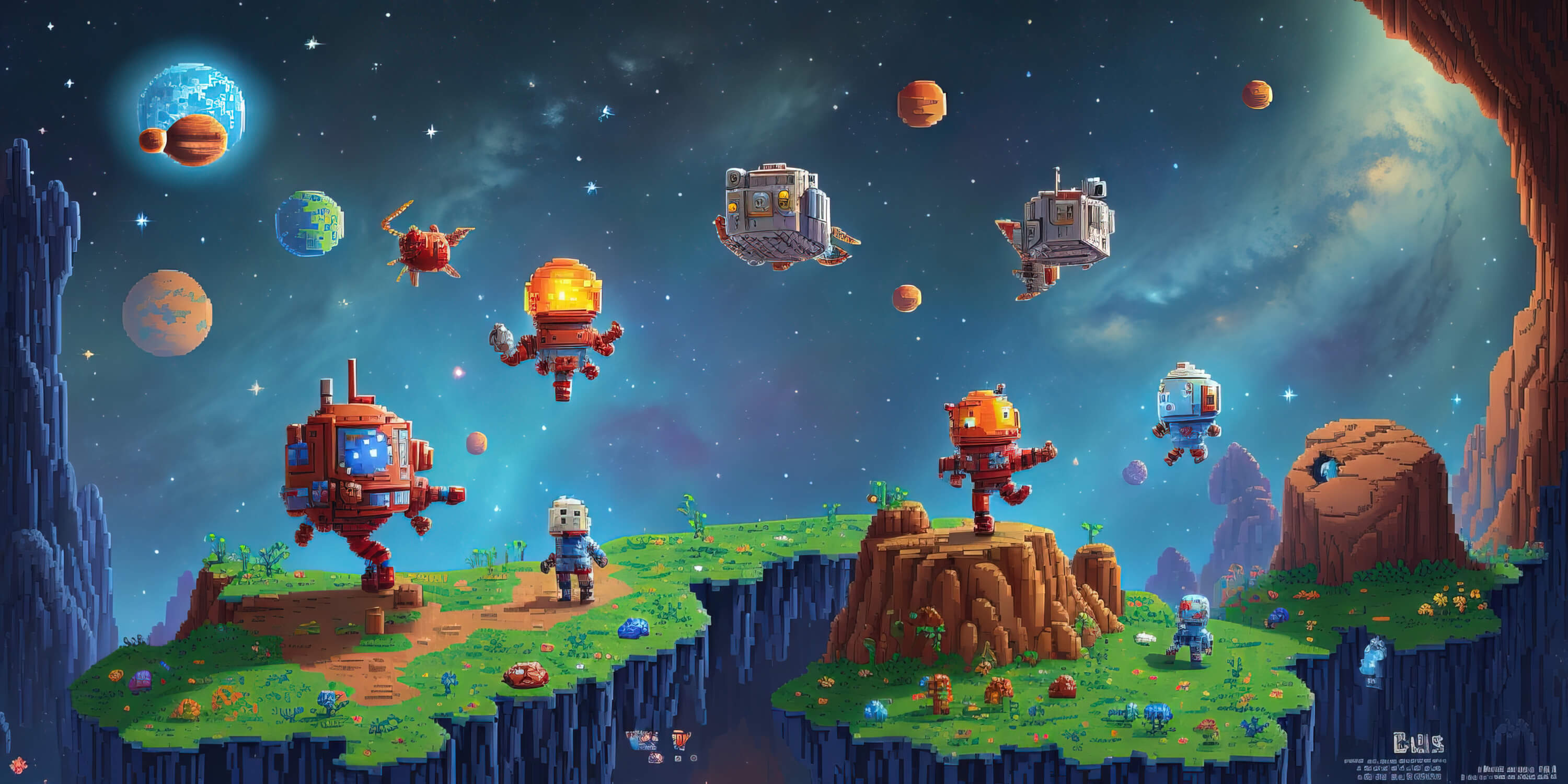 Design file of pixel art space gaming wallpaper showing detailed retro robots and planets pattern
