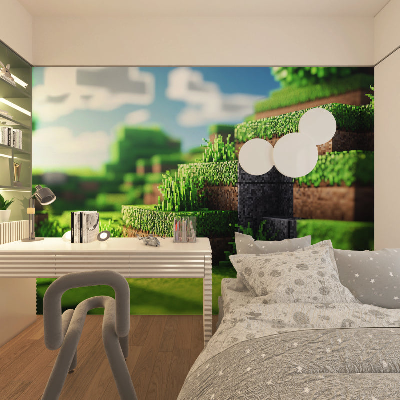 Gaming wallpaper mural shown in modern teen bedroom with gaming setup and LED lights