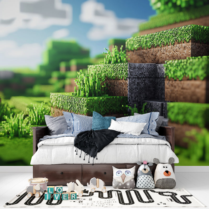 Pixel art gaming mural creating depth in contemporary home office space