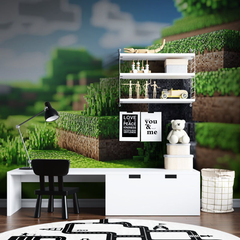 Digital landscape wallpaper brightening gaming room with streaming setup
