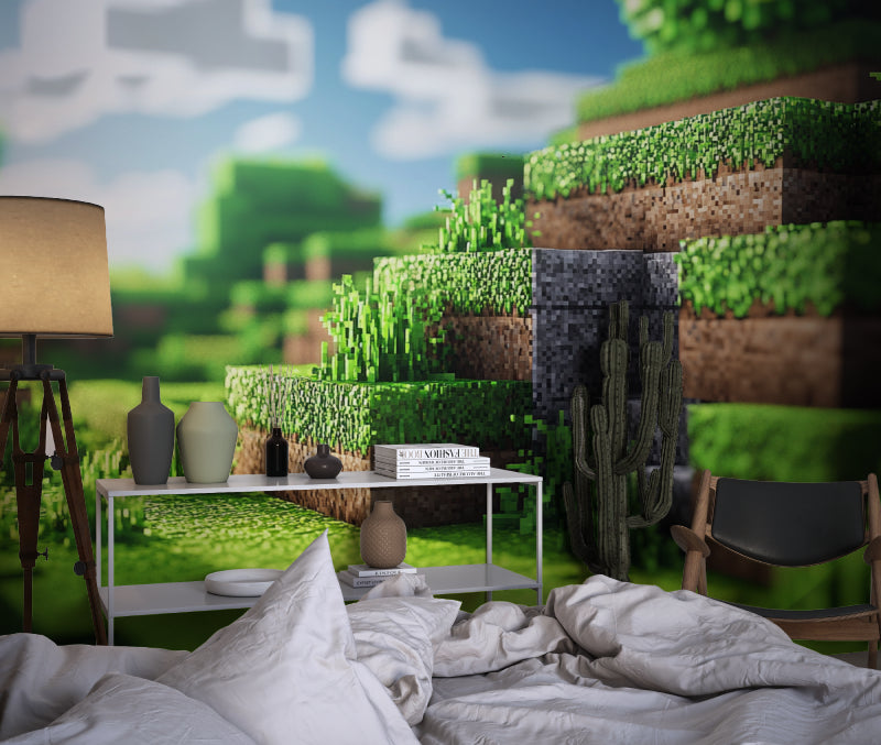 Gamer room wallpaper installed in recreational area with gaming chairs
