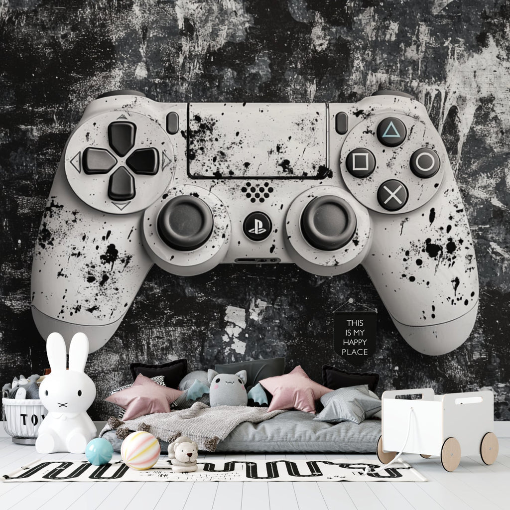 Teen bedroom featuring monochrome PlayStation wallpaper design