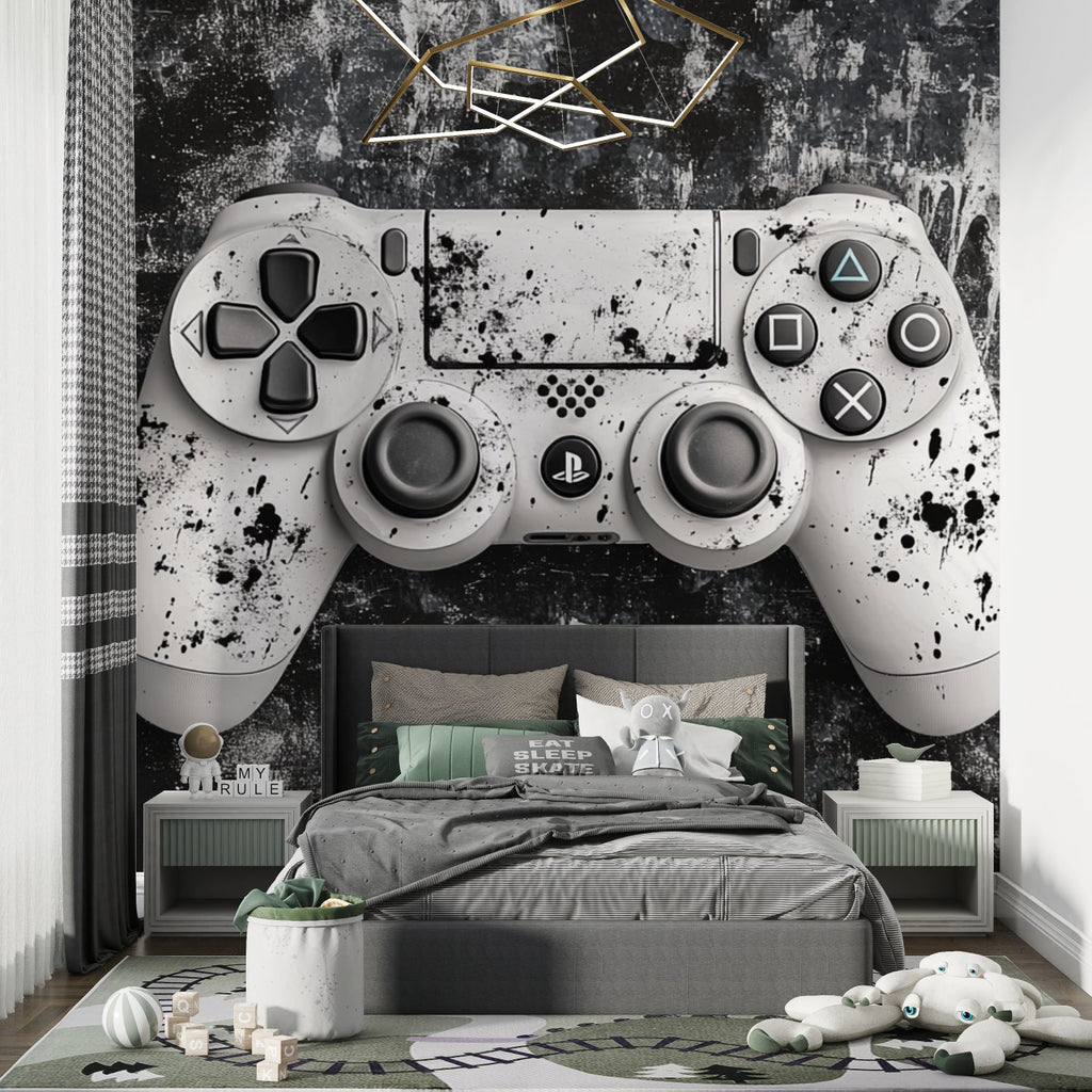 Gaming studio setup with PlayStation controller wall mural
