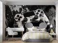 Gaming wallpaper mural showcased in a modern teen bedroom with LED lighting and gaming setup