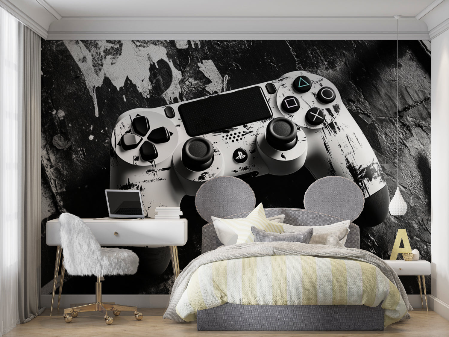 Gaming wallpaper mural showcased in a modern teen bedroom with LED lighting and gaming setup