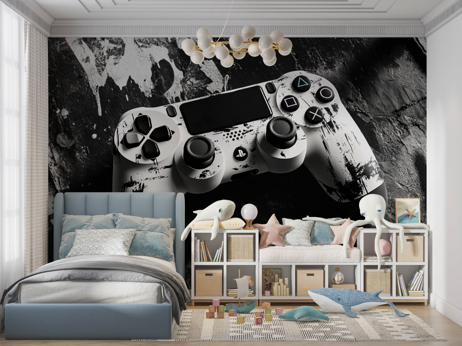 Modern gaming wallpaper design displayed in minimalist room with gaming desk setup