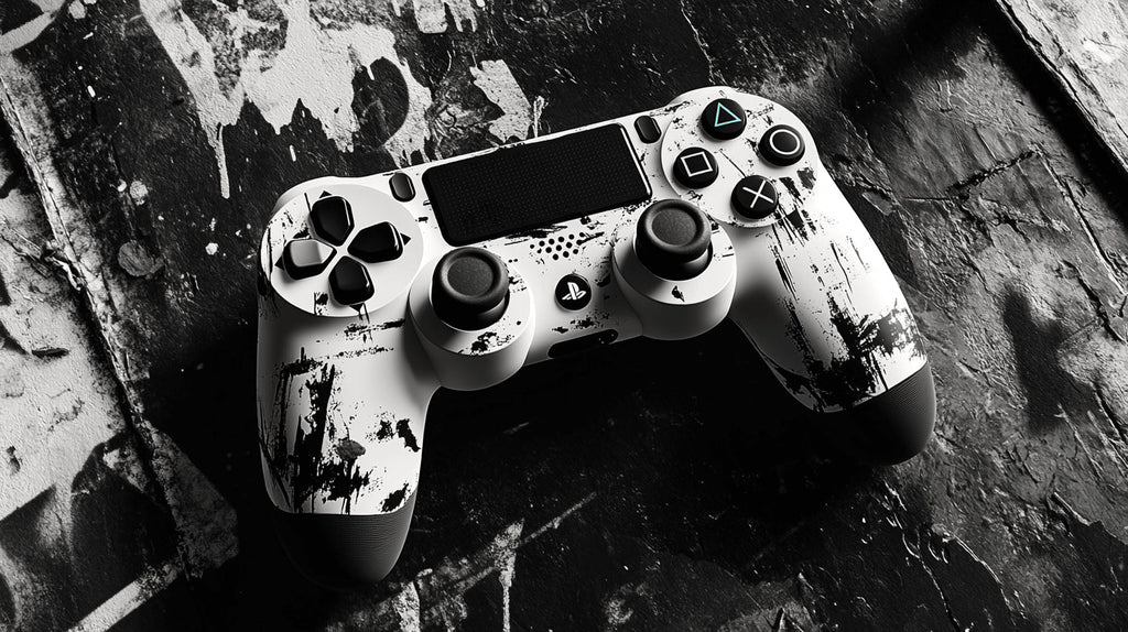 Design file showing detailed black and white PlayStation controller pattern with paint splash effect