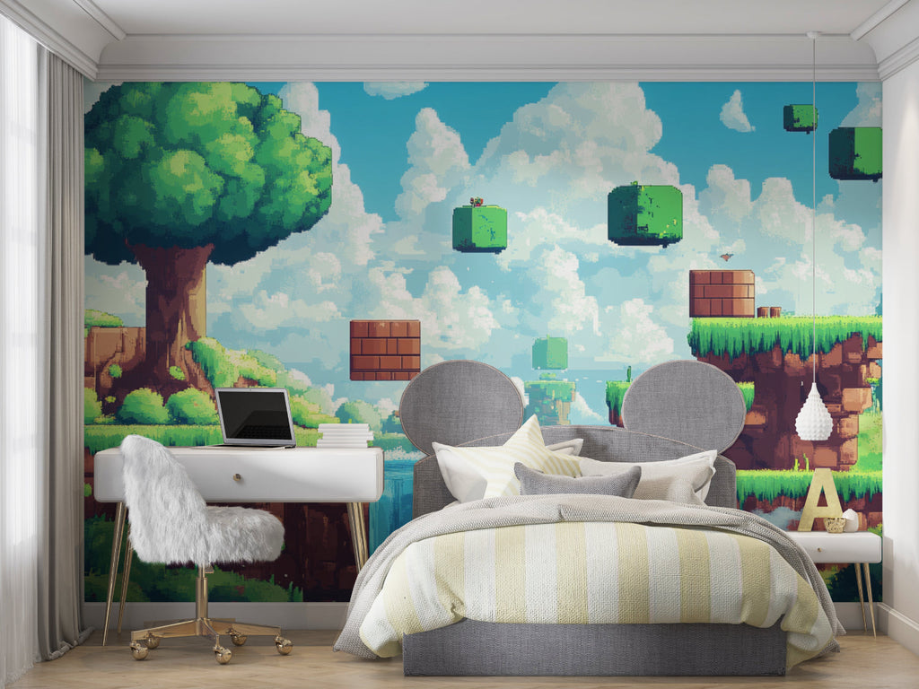 Gaming room featuring Pixel Art Wallpaper with retro gaming elements, showing floating platforms against turquoise sky