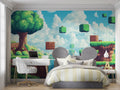 Gaming room featuring Pixel Art Wallpaper with retro gaming elements, showing floating platforms against turquoise sky