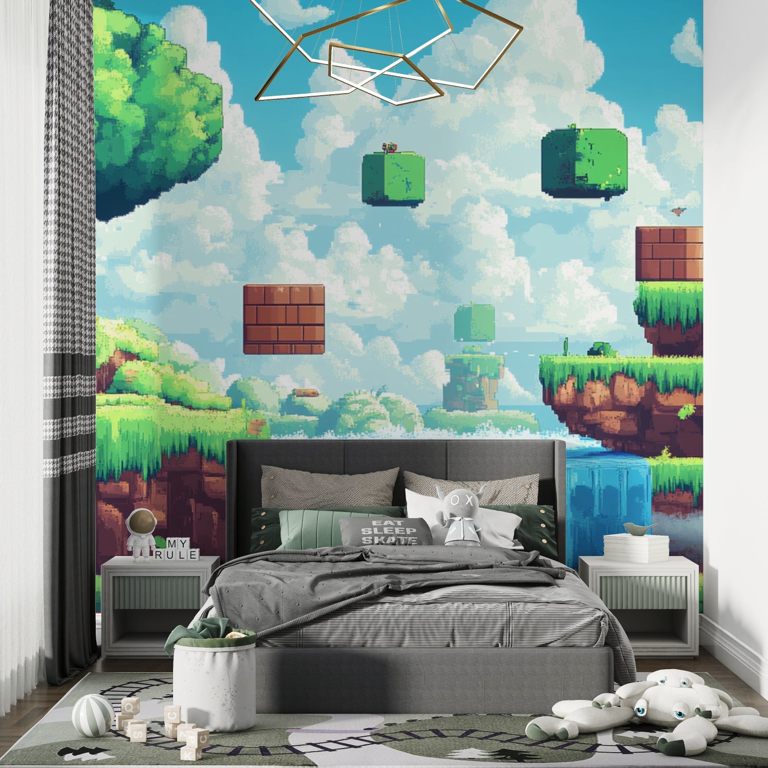Modern gaming setup with Pixel Art Mural creating an immersive gaming atmosphere