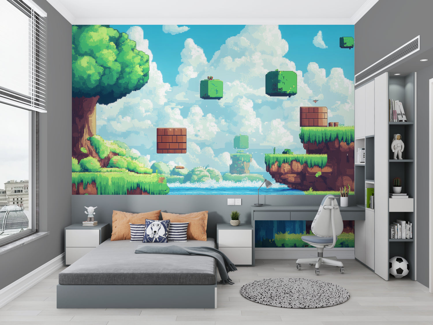 Home office transformed with Gaming Pixel Wallpaper showing classic gaming elements
