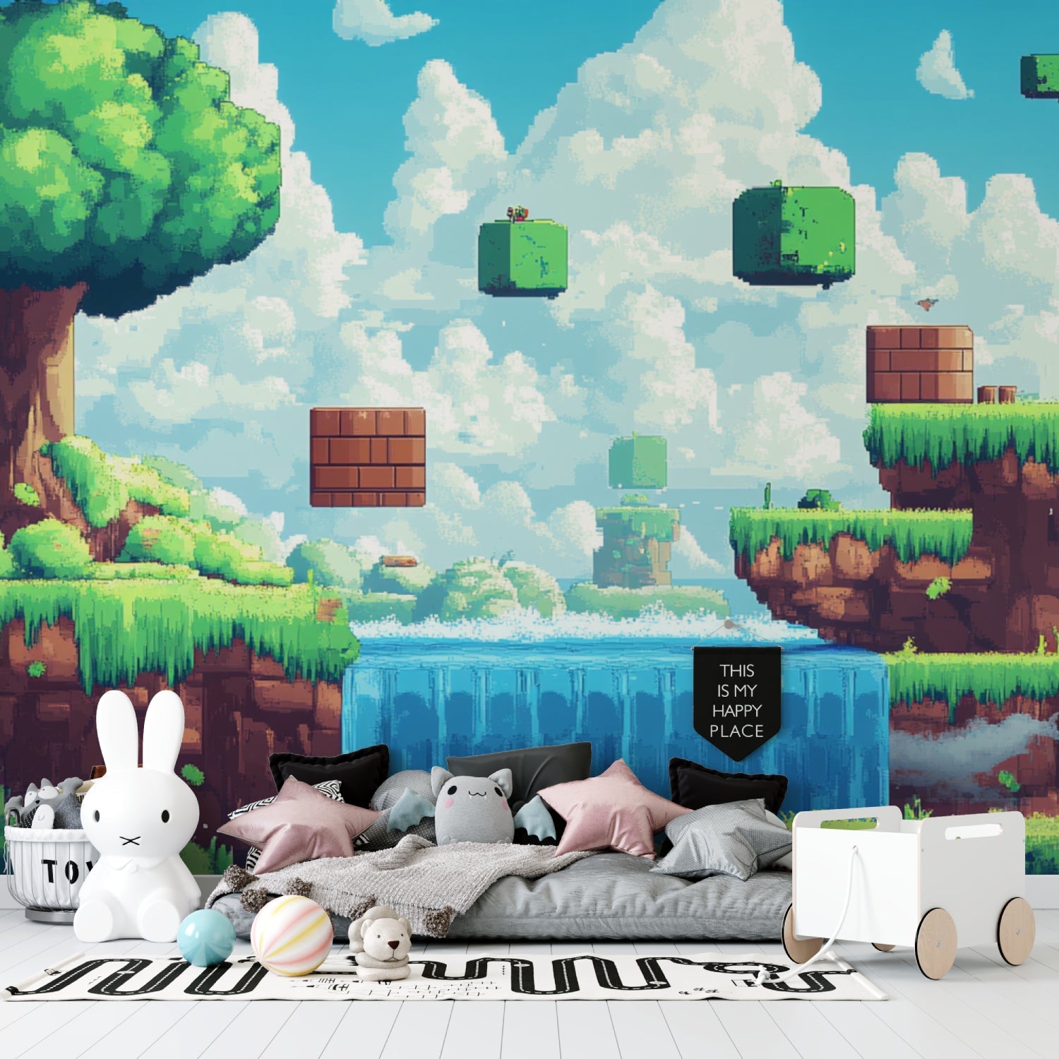 Entertainment room featuring Retro Gaming Mural with pixelated landscape design