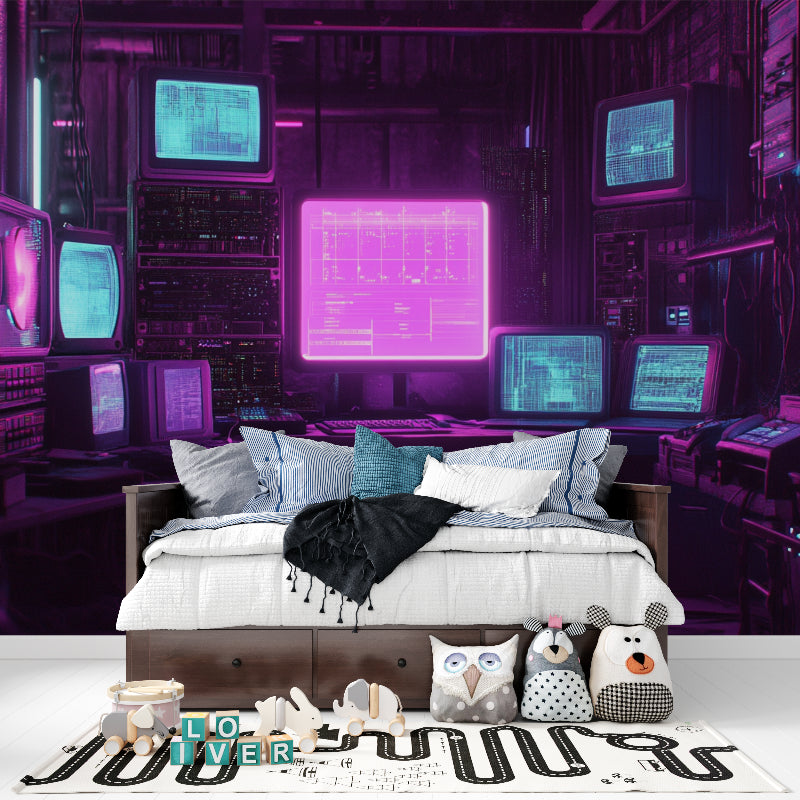 Gaming room wallpaper in modern teen bedroom with LED strip lights and gaming setup