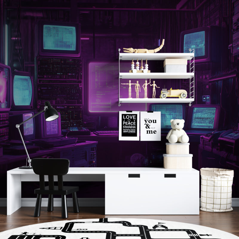 Purple neon gaming wallpaper in streamer room with desk and monitors