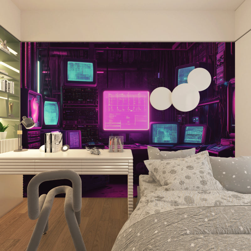 Retro tech gaming wallpaper creating atmosphere in entertainment room