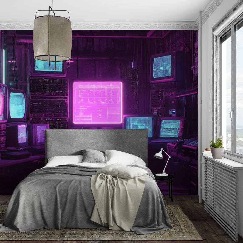 Gaming mural wallpaper in modern office with purple ambient lighting