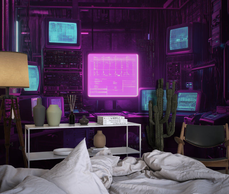 Cyberpunk gaming wallpaper in teen hangout room with LED lighting