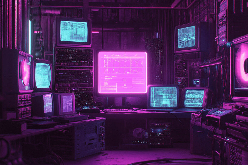 Design file of retro tech gaming wallpaper with neon purple glow effects