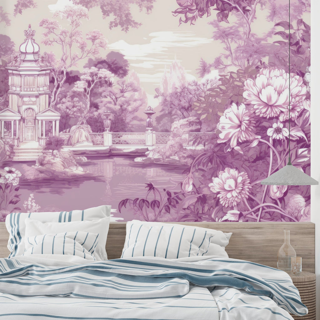 Floral paradise mural with pagoda adding elegance to a dining room setting