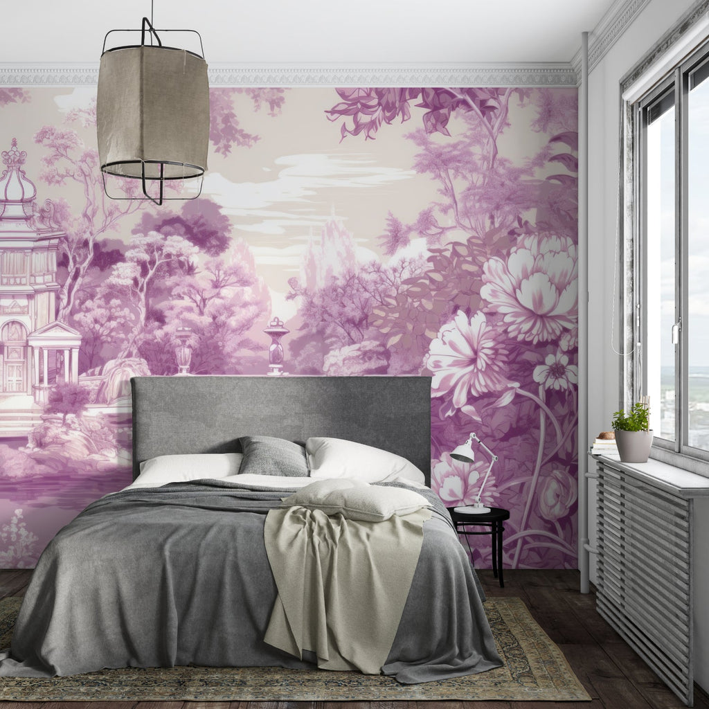 Purple garden wall mural bringing charm to a bedroom space