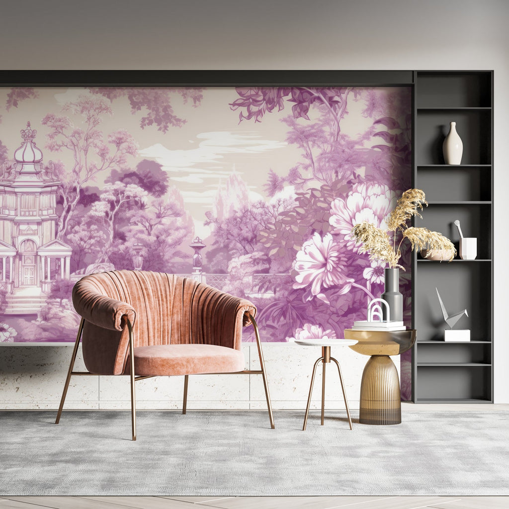 Garden landscape wallpaper showcased in a home office environment