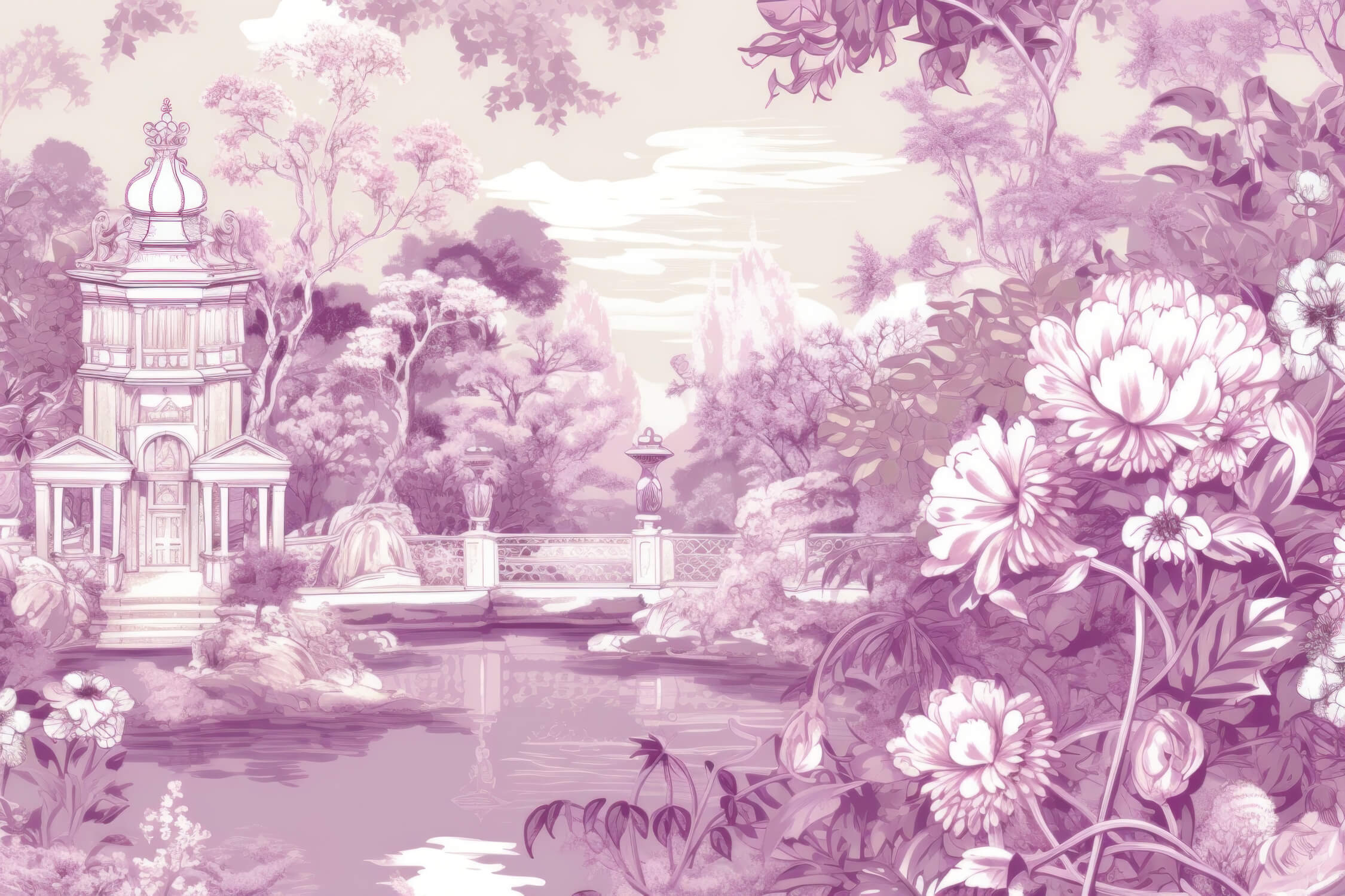 Design file showing detailed purple garden landscape with pagoda pattern