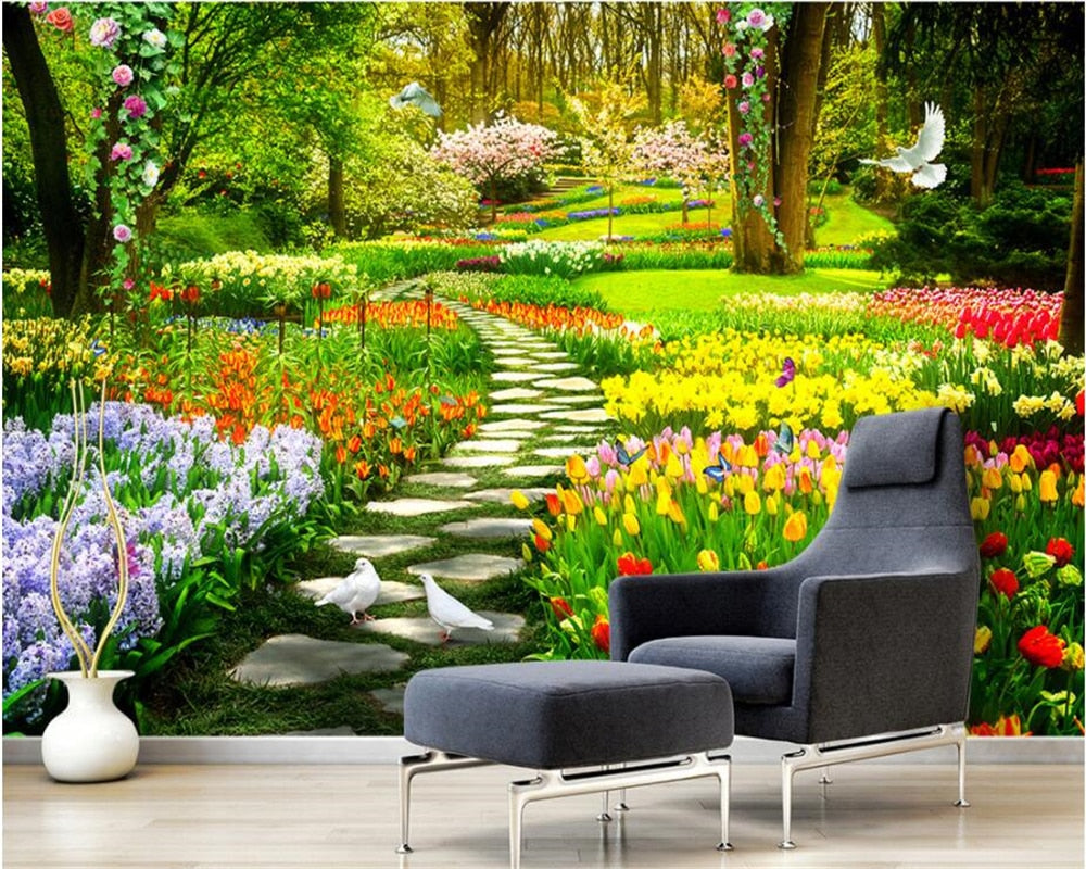 Spring garden wallpaper mural in bright modern living room, showing tulip path and white doves