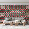Geometric leaf wallpaper bringing Art Deco style to a modern dining room with red and green accents