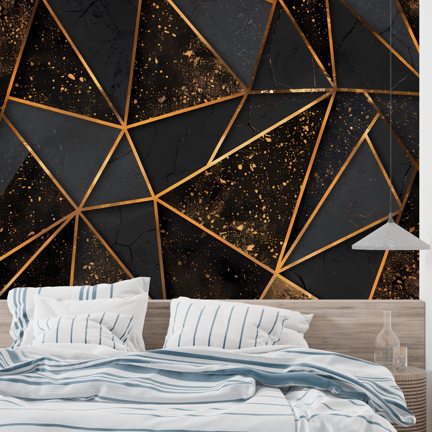 3D geometric black and gold cube wallpaper in a modern living room with leather furniture