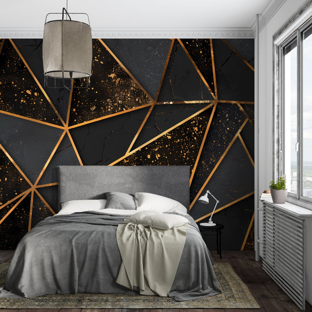 Black and gold geometric wallpaper creating depth in a minimalist dining room